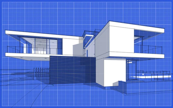 販売または賃貸のための車庫を持つモダンな居心地の良い家の レンダリング スケッチ 青写真の背景に白いスポットと黒いグラフィック ライン スケッチ — ストック写真