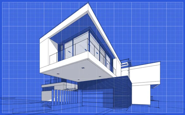 Rendering Schizzo Casa Moderna Accogliente Con Garage Vendita Affitto Schizzo — Foto Stock