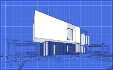Bahçe garaj Satılık ve kiralık ile modern rahat evde 3D işleme sketch. Grafik siyah çizgi kroki blueprint arka plan üzerinde beyaz nokta ile.
