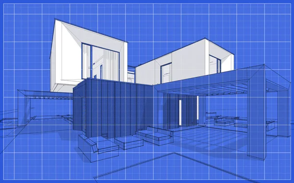 3d rendering sketch of modern cozy house in garden with garage for sale or rent. Graphics black line sketch with white spot on blueprint background.