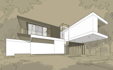 Satılık ve kiralık garaj ile modern rahat ev 3D işleme sketch. Beyaz spot ve entourage zanaat arka plan üzerinde çizim el ile siyah çizgi kroki.