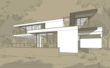 Satılık ve kiralık garaj ile modern rahat ev 3D işleme sketch. Beyaz spot ve entourage zanaat arka plan üzerinde çizim el ile siyah çizgi kroki.