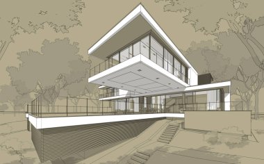 Satılık ve kiralık garaj ile modern rahat ev 3D işleme sketch. Beyaz spot ve entourage zanaat arka plan üzerinde çizim el ile siyah çizgi kroki.