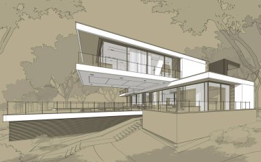 Satılık ve kiralık garaj ile modern rahat ev 3D işleme sketch. Beyaz spot ve entourage zanaat arka plan üzerinde çizim el ile siyah çizgi kroki.