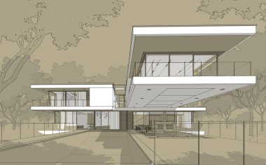 Satılık ve kiralık garaj ile modern rahat ev 3D işleme sketch. Beyaz spot ve entourage zanaat arka plan üzerinde çizim el ile siyah çizgi kroki.