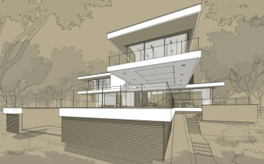 Satılık ve kiralık garaj ile modern rahat ev 3D işleme sketch. Beyaz spot ve entourage zanaat arka plan üzerinde çizim el ile siyah çizgi kroki.