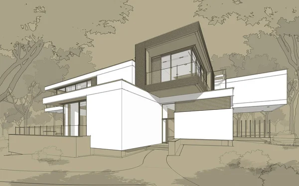 3d rendering sketch of modern cozy house with garage for sale or rent. Black line sketch with white spot and hand drawing entourage on craft background.