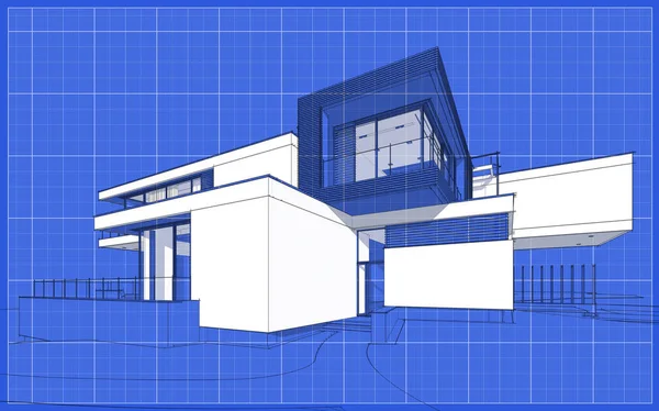 3d rendering sketch of modern cozy house with garage for sale or rent. Graphics black line sketch with white spot on blueprint background.