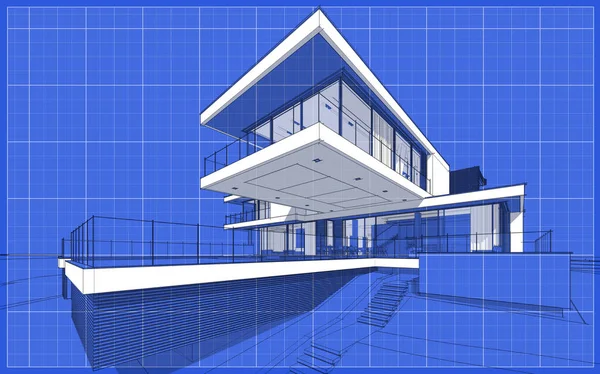 3d rendering sketch of modern cozy house with garage for sale or rent. Graphics black line sketch with white spot on blueprint background.