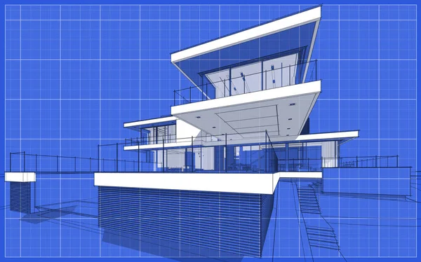 3d rendering sketch of modern cozy house with garage for sale or rent. Graphics black line sketch with white spot on blueprint background.