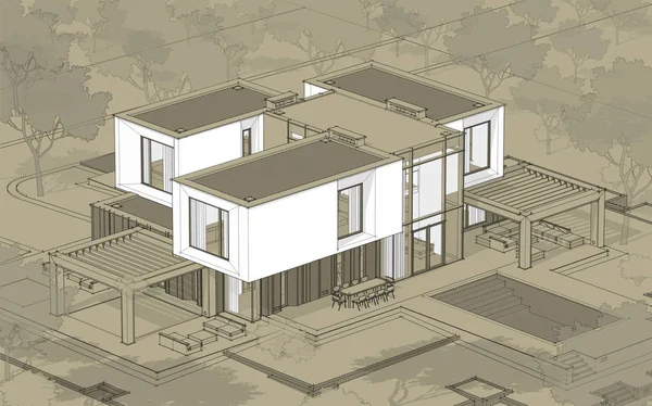 3d rendering sketch of modern cozy house in garden with garage for sale or rent. Black line sketch with white spot and hand drawing entourage on craft background.