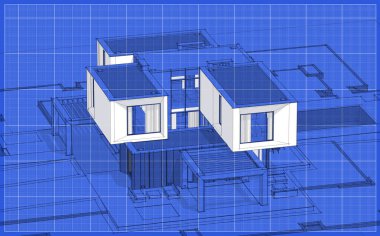 Bahçe garaj Satılık ve kiralık ile modern rahat evde 3D işleme sketch. Grafik siyah çizgi kroki blueprint arka plan üzerinde beyaz nokta ile.