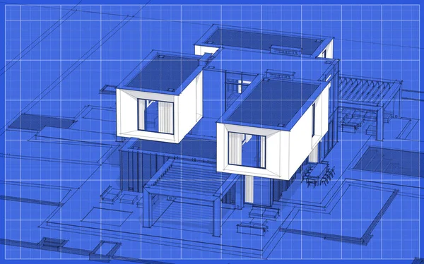 渲染现代舒适的房子在花园与车库出售或出租素描 在蓝图背景上有白点的黑线草图 — 图库照片