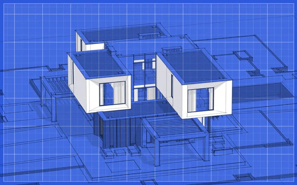 Rendering Skizze Von Modernen Gemütlichen Haus Garten Mit Garage Zum — Stockfoto