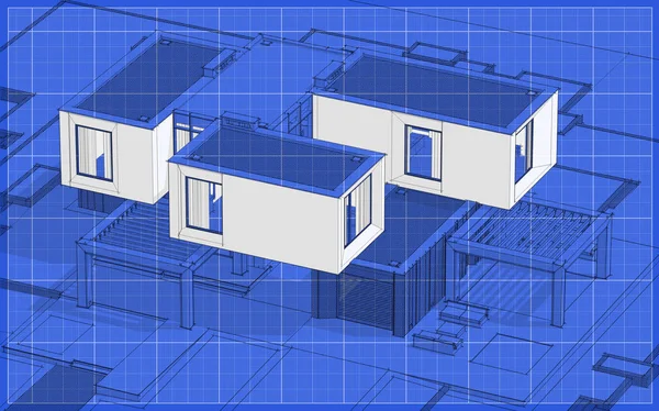 Rendering Skizze Von Modernen Gemütlichen Haus Garten Mit Garage Zum — Stockfoto