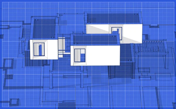 3d rendering sketch of modern cozy house in garden with garage for sale or rent. Graphics black line sketch with white spot on blueprint background.