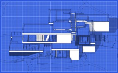 Satılık ve kiralık garaj ile modern rahat ev 3D işleme sketch. Grafik siyah çizgi kroki blueprint arka plan üzerinde beyaz nokta ile.