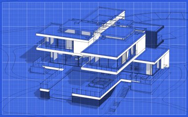Satılık ve kiralık garaj ile modern rahat ev 3D işleme sketch. Grafik siyah çizgi kroki blueprint arka plan üzerinde beyaz nokta ile.