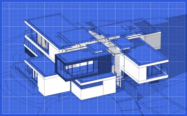 3d rendering sketch of modern cozy house with garage for sale or rent. Graphics black line sketch with white spot on blueprint background.