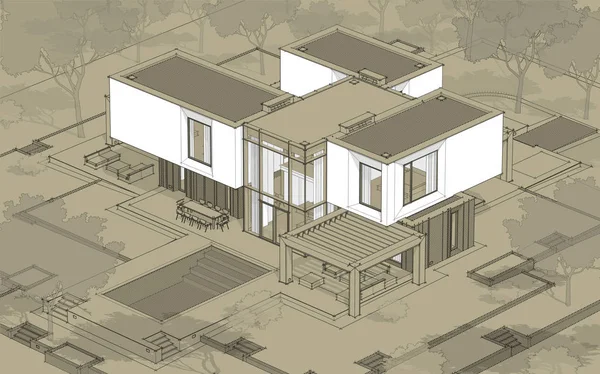 3d rendering sketch of modern cozy house in garden with garage for sale or rent. Black line sketch with white spot and hand drawing entourage on craft background.