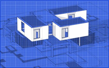 Bahçe garaj Satılık ve kiralık ile modern rahat evde 3D işleme sketch. Grafik siyah çizgi kroki blueprint arka plan üzerinde beyaz nokta ile.
