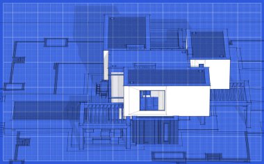 Bahçe garaj Satılık ve kiralık ile modern rahat evde 3D işleme sketch. Grafik siyah çizgi kroki blueprint arka plan üzerinde beyaz nokta ile.