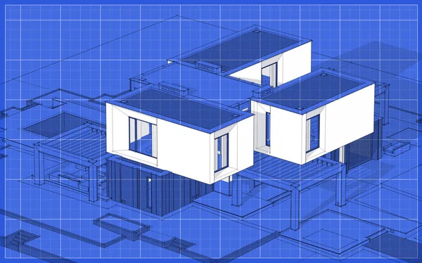 Rendering Skizze Von Modernen Gemütlichen Haus Garten Mit Garage Zum — Stockfoto