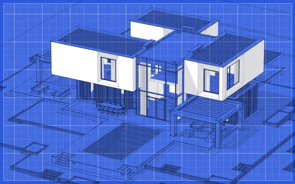 Rendering Skizze Von Modernen Gemütlichen Haus Garten Mit Garage Zum — Stockfoto