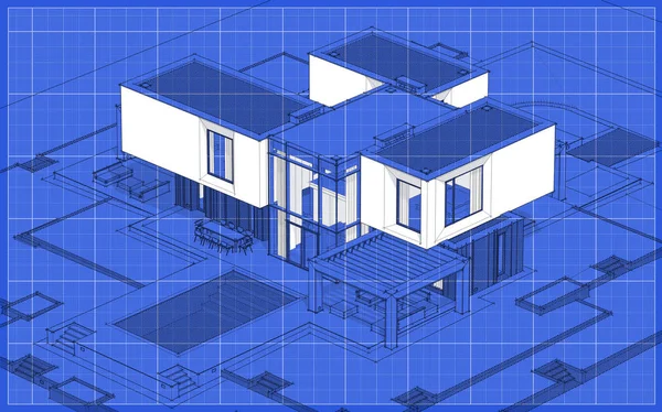 Rendering Skizze Von Modernen Gemütlichen Haus Garten Mit Garage Zum — Stockfoto