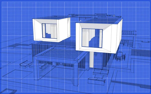 3d rendering sketch of modern cozy house in garden with garage for sale or rent. Graphics black line sketch with white spot on blueprint background.