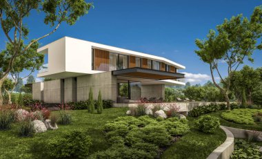 modern rahat ev tepenin garaj ve havuzlu Satılık veya Kiralık güzel arka plan üzerinde peyzaj ile 3D render. Mavi gökyüzü ile açık güneşli yaz gün.