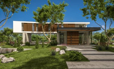 modern rahat ev tepenin garaj ve havuzlu Satılık veya Kiralık güzel arka plan üzerinde peyzaj ile 3D render. Mavi gökyüzü ile açık güneşli yaz gün.