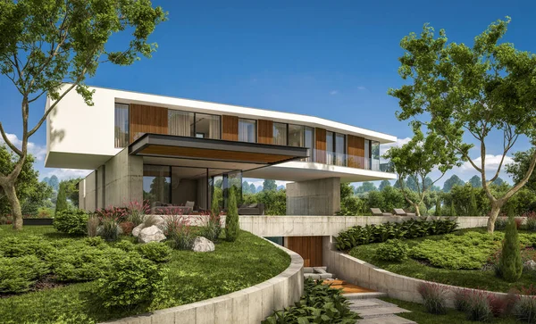 Rendering Van Moderne Gezellige Huis Heuvel Met Garage Zwembad Koop — Stockfoto