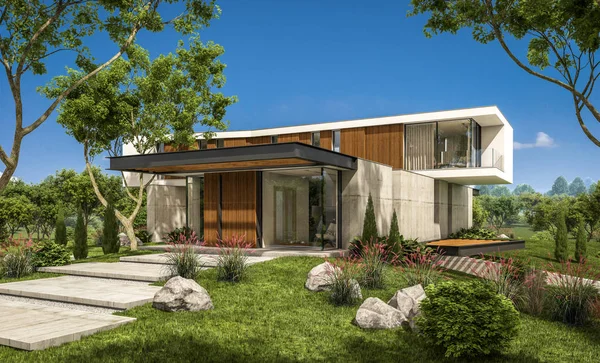 modern rahat ev tepenin garaj ve havuzlu Satılık veya Kiralık güzel arka plan üzerinde peyzaj ile 3D render. Mavi gökyüzü ile açık güneşli yaz gün.