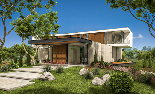 3D рендеринг современного уютного дома на холме с гаражом и бассейном для продажи или аренды с красивым ландшафтным дизайном на заднем плане. Светлый солнечный летний день с голубым небом
.