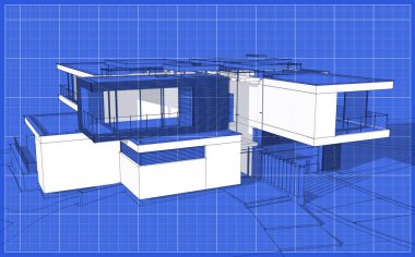 Satılık ve kiralık garaj ile modern rahat ev 3D işleme sketch. Grafik siyah çizgi kroki blueprint arka plan üzerinde beyaz nokta ile.