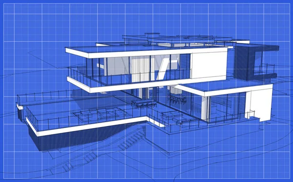 3d rendering sketch of modern cozy house with garage for sale or rent. Graphics black line sketch with white spot on blueprint background.