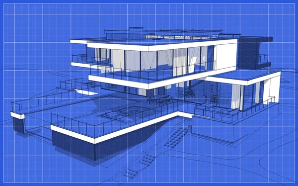3d rendering sketch of modern cozy house with garage for sale or rent. Graphics black line sketch with white spot on blueprint background.