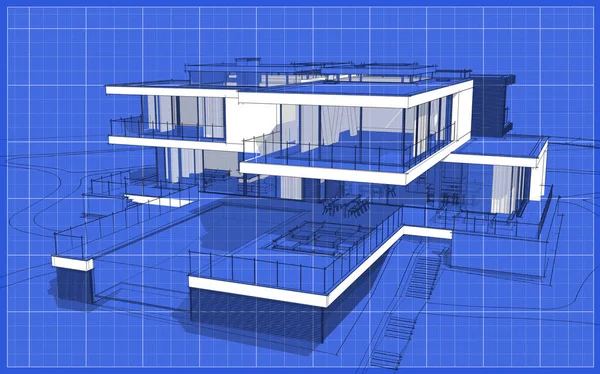 Szkic Renderowania Nowoczesne Przytulnym Domu Garażem Sprzedaż Lub Wynajem Szkic — Zdjęcie stockowe