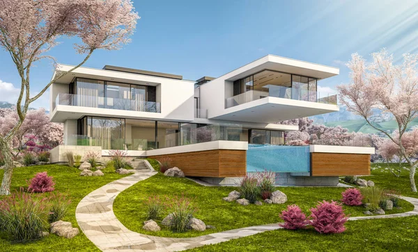 Rendering Von Modernen Gemütlichen Haus Fluss Mit Garage Frischer Frühlingstag — Stockfoto