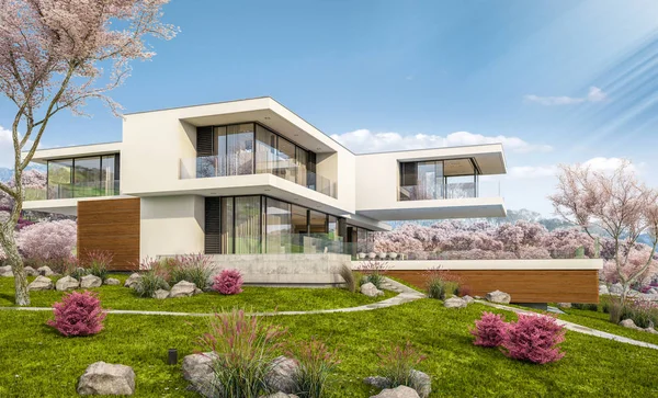 Weergave Van Modern Gezellig Huis Aan Rivier Met Garage Verse — Stockfoto