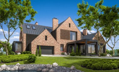 modern rahat klinker ev havuzları garaj ve havuzlu Satılık veya Kiralık güzel arka plan üzerinde peyzaj ile 3D render. Mavi gökyüzü ile açık güneşli yaz gün.