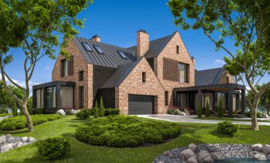 modern rahat klinker ev havuzları garaj ve havuzlu Satılık veya Kiralık güzel arka plan üzerinde peyzaj ile 3D render. Mavi gökyüzü ile açık güneşli yaz gün.