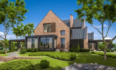 modern rahat klinker ev havuzları garaj ve havuzlu Satılık veya Kiralık güzel arka plan üzerinde peyzaj ile 3D render. Mavi gökyüzü ile açık güneşli yaz gün.