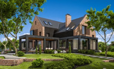 modern rahat klinker ev havuzları garaj ve havuzlu Satılık veya Kiralık güzel arka plan üzerinde peyzaj ile 3D render. Mavi gökyüzü ile açık güneşli yaz gün.