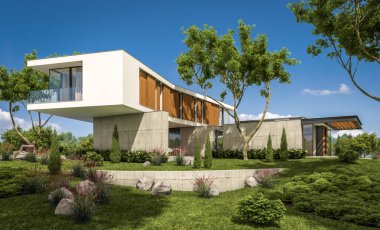 modern rahat ev tepenin garaj ve havuzlu Satılık veya Kiralık güzel arka plan üzerinde peyzaj ile 3D render. Mavi gökyüzü ile açık güneşli yaz gün.