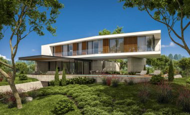 modern rahat ev tepenin garaj ve havuzlu Satılık veya Kiralık güzel arka plan üzerinde peyzaj ile 3D render. Mavi gökyüzü ile açık güneşli yaz gün.