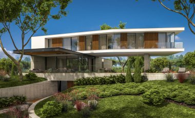 modern rahat ev tepenin garaj ve havuzlu Satılık veya Kiralık güzel arka plan üzerinde peyzaj ile 3D render. Mavi gökyüzü ile açık güneşli yaz gün.