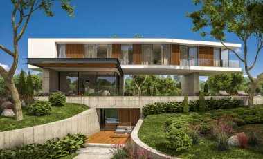 modern rahat ev tepenin garaj ve havuzlu Satılık veya Kiralık güzel arka plan üzerinde peyzaj ile 3D render. Mavi gökyüzü ile açık güneşli yaz gün.