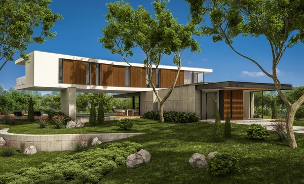 渲染的现代舒适的房子在山上与车库和游泳池出售或出租与美丽的园林绿化的背景 晴朗阳光明媚的夏日与蓝天 — 图库照片